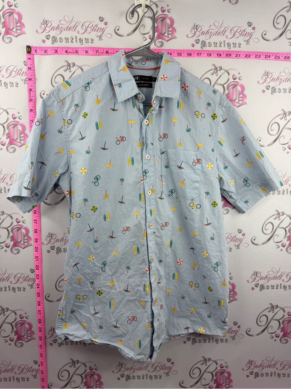 Simons shirt beach tiki Light Blue Short Sleeve Button-Up with Beach Icons